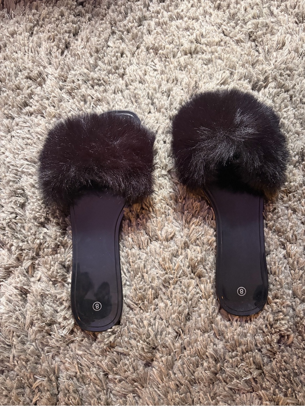 Black Faux Fur Slide Sandals - Women's Comfortable Fashion Slides